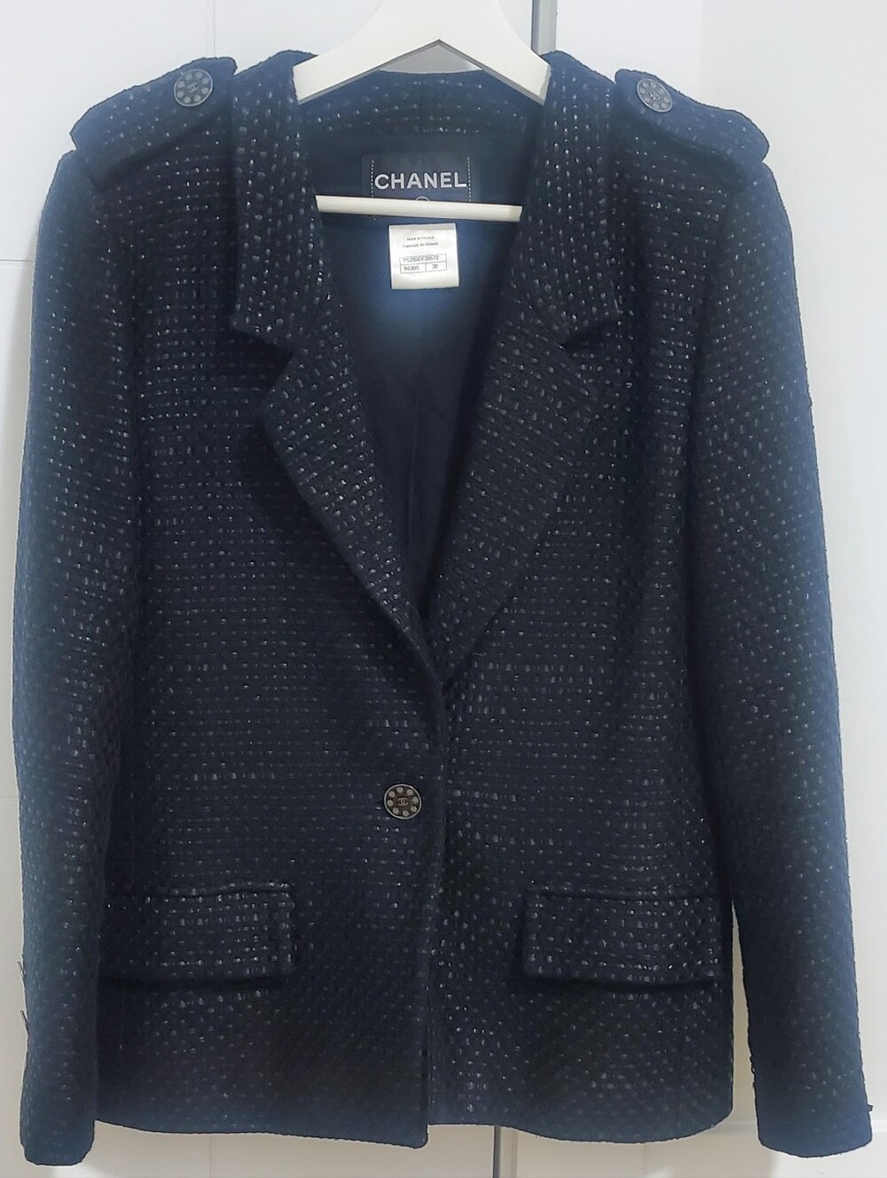 CHANEL Black Tweed Blazer with Epaulette Detail